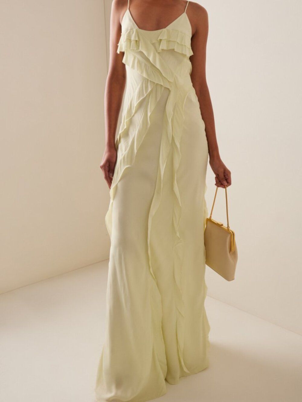 Rachel Gilbert Delfy Crepe Maxi Dress Size 10 Chartreuse Ruffle Evening Formal